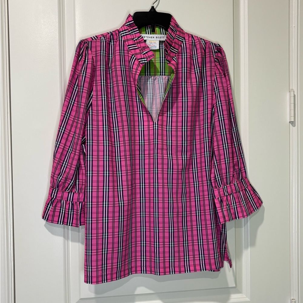 Gretchen Scott Designs Sunshine Plaid Pink Ruffneck Blouse Size Large